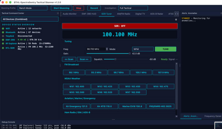 SDR tuner — presets (power off until you start)